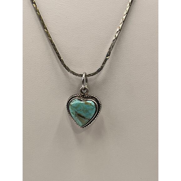 Vintage Sterling Silver Turquoise Heart Pendant Necklace 925 Italy 18" Chain - Picture 2 of 8